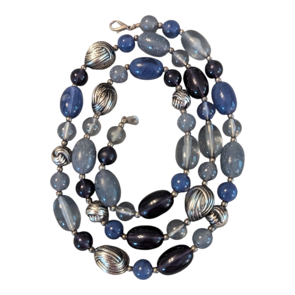 Vintage Shades Of Blues & Sliver Tone Beaded Necklace W Lobster Clasp 31"